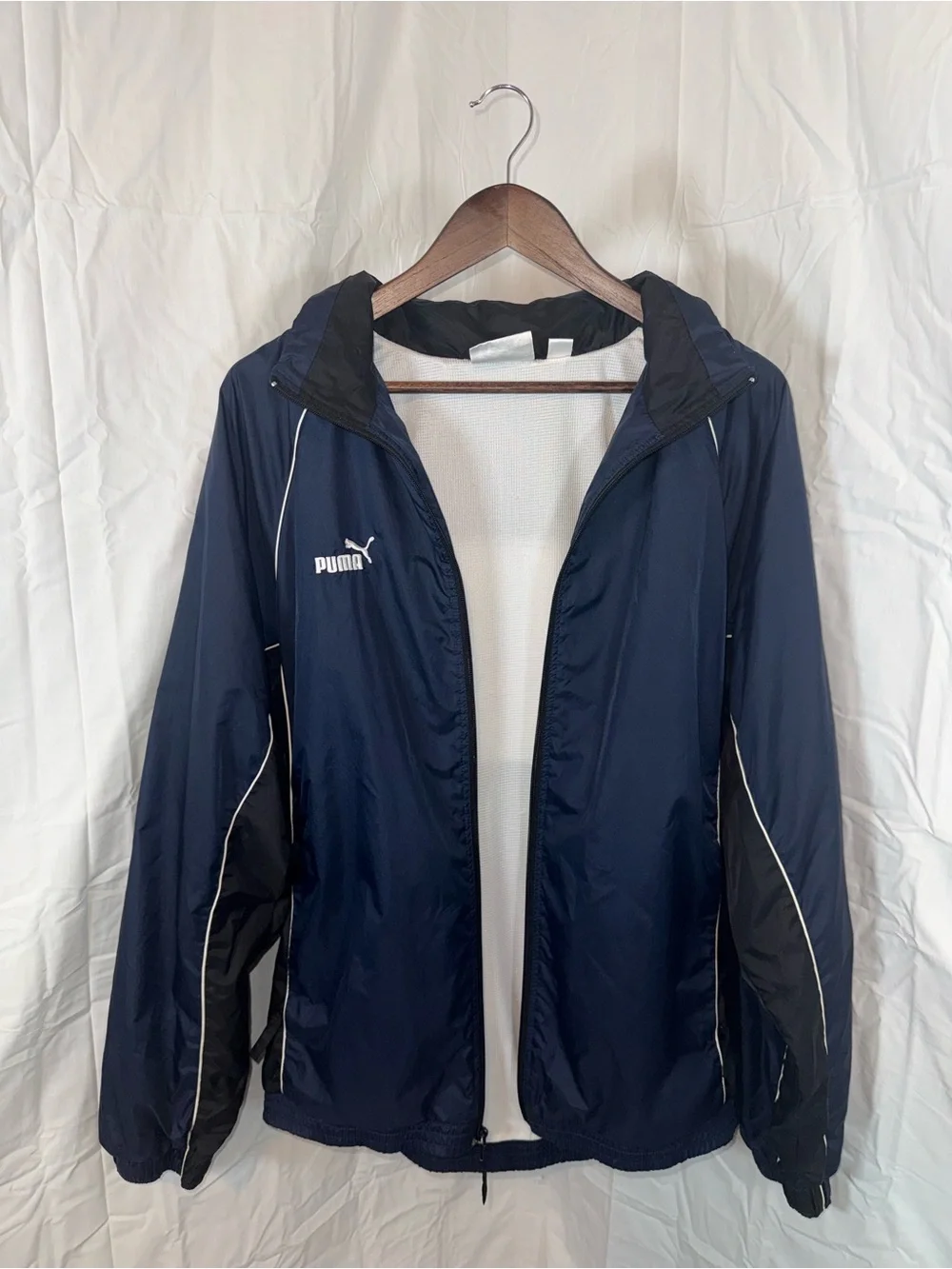 Puma Navy and Black Hooded Windbreaker with White Piping